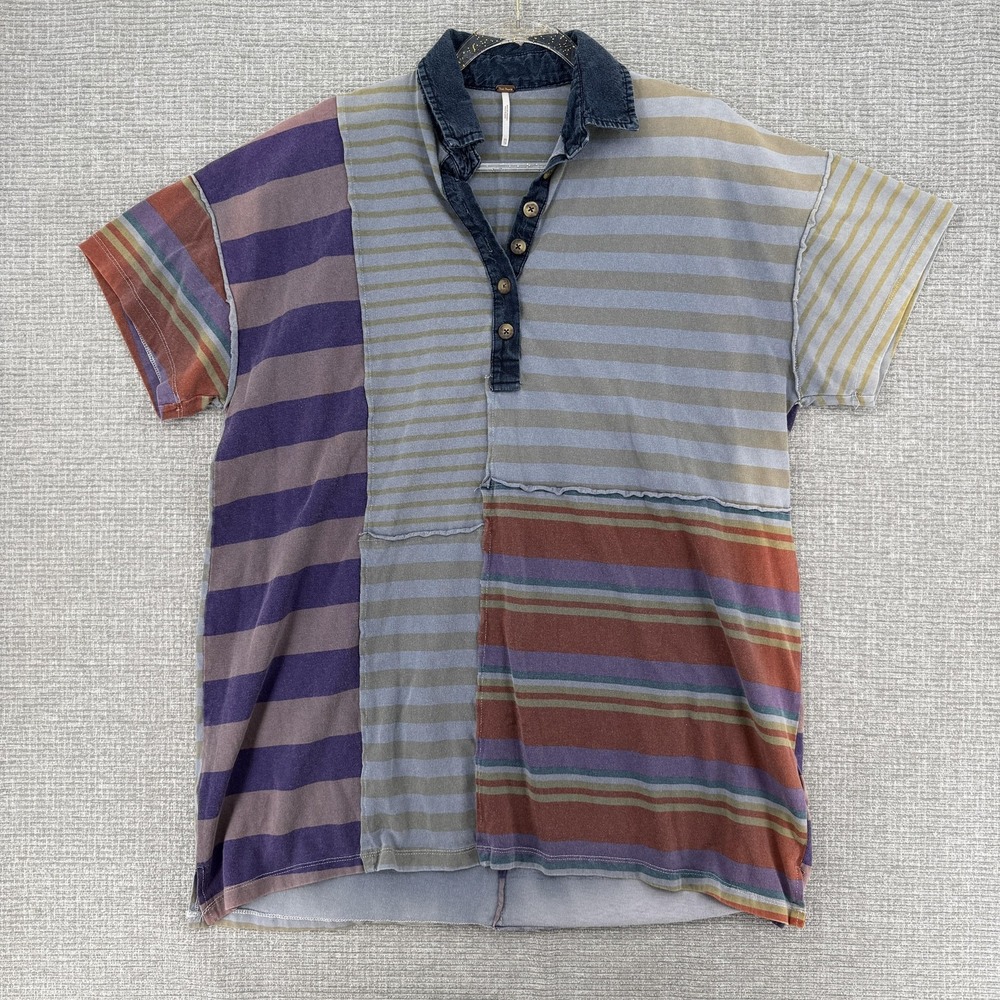 Vtg‎ Free People Polo Shirt Mens XS Multicolor Striped 100% Cotton Short Sleeve